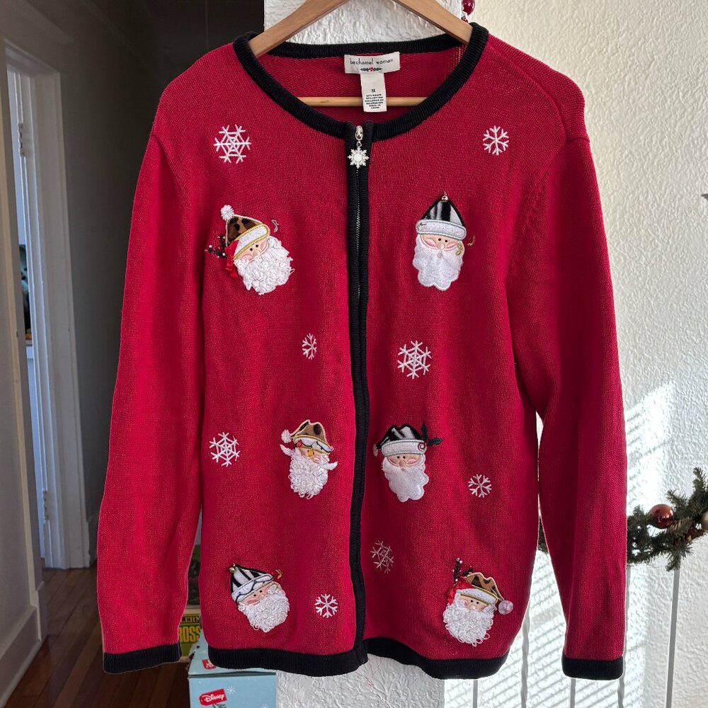 Bechamel Rhinestone Christmas Santa Sweater Cardigan Zip Front 1X